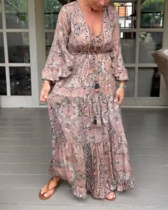 V-neck printed ruffled sleeve dress