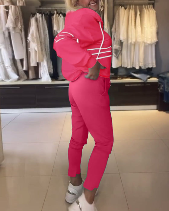 Casual striped print hooded sweatshirt set