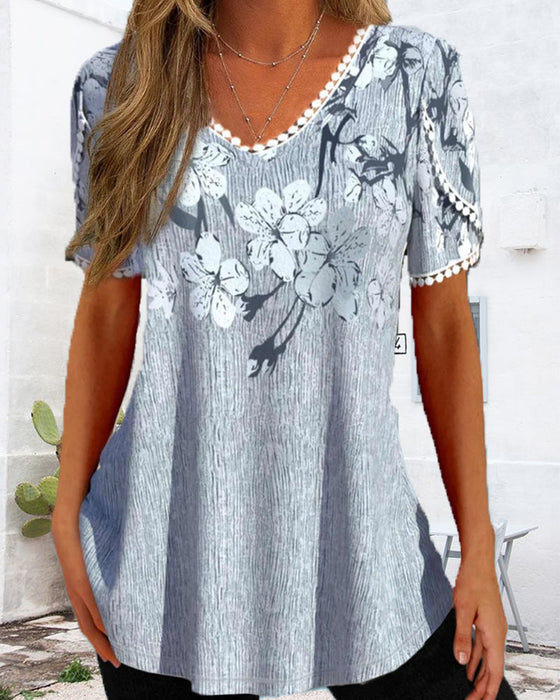 Floral print elegant short sleeve blouse