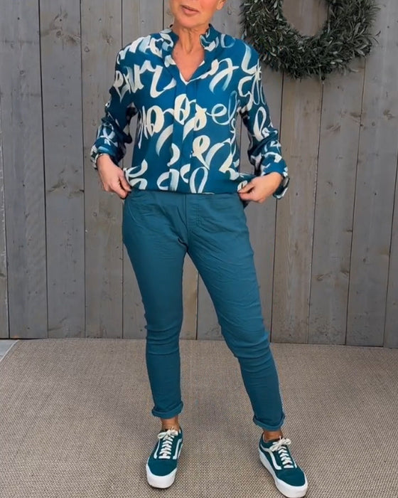 Printed v-neck long-sleeved blouse