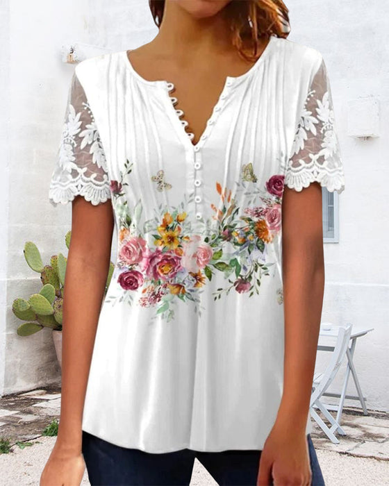 Floral Print Lace T-shirt with Short Sleeves