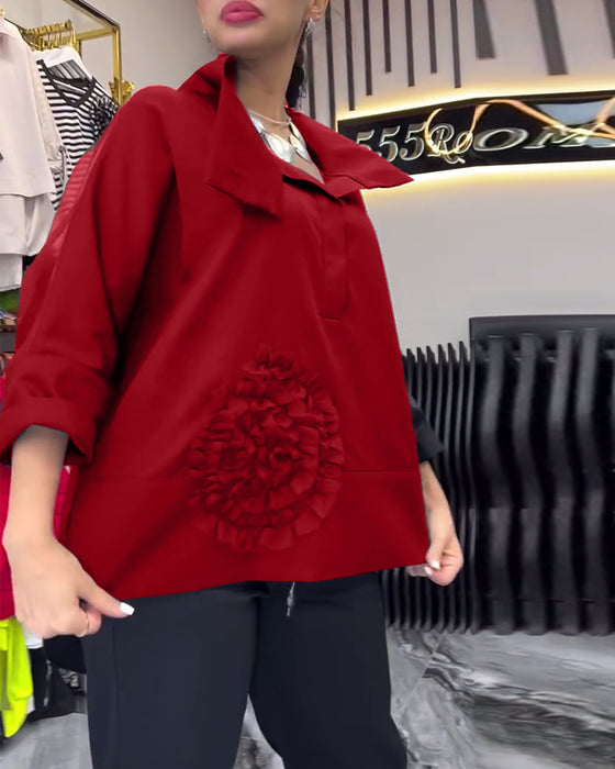 Lapel lace stitching flower blouse