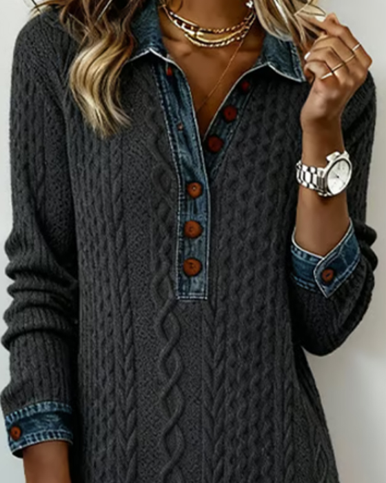 Denim cable knit patchwork collared dress