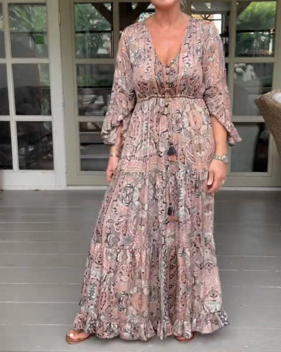 V-neck printed ruffled sleeve dress