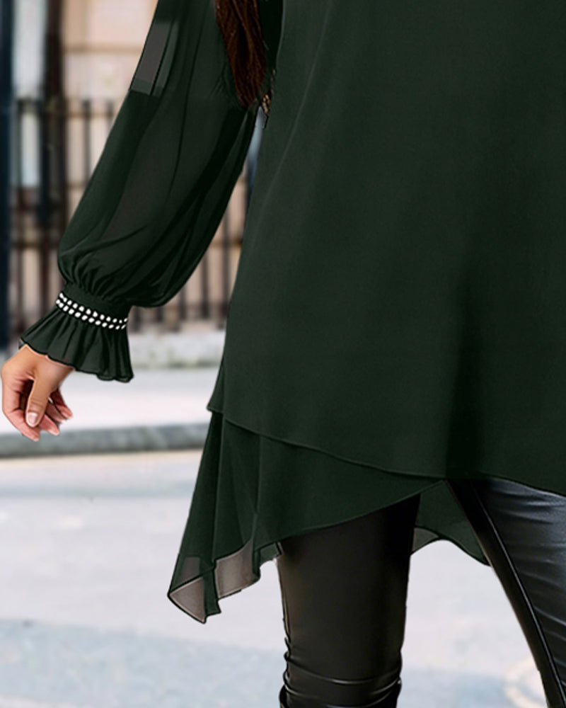 Beaded Puff Sleeve Crew Neck Blouse