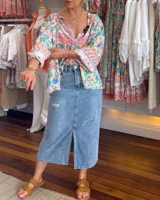 Colorful floral print casual blouse