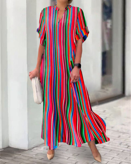 Colorful V-neck Dress in Stripe Print