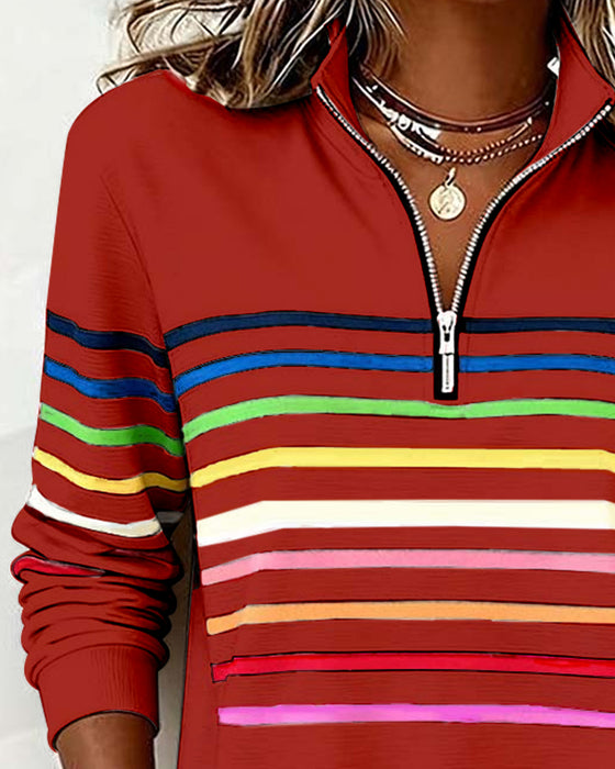 Half-Zip Collar Fashionable Rainbow Striped Sweatshirt