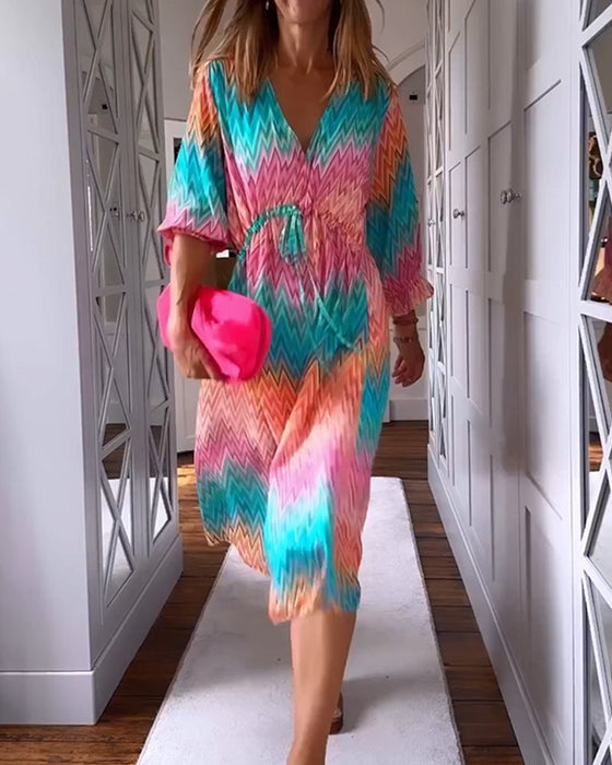 Color block printed v-neck dress