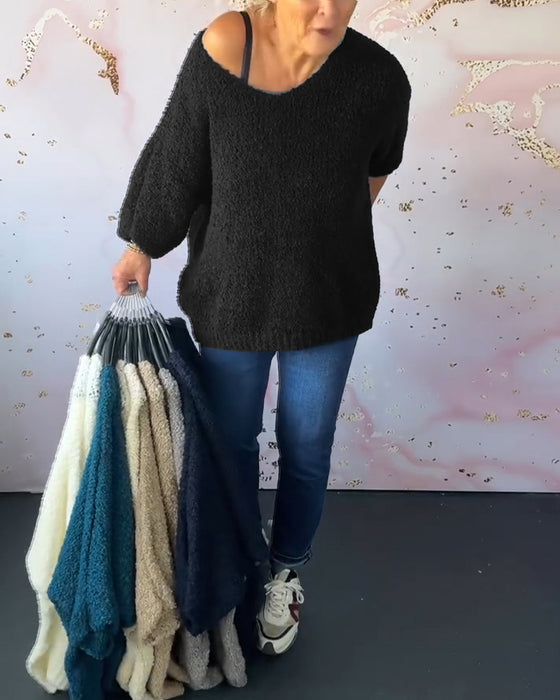 V-neck solid color casual pullover sweater