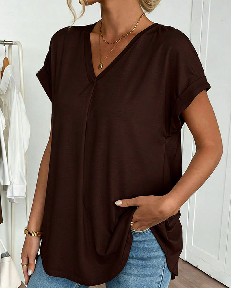 Short-Sleeved Solid Color Patchwork T-Shirt