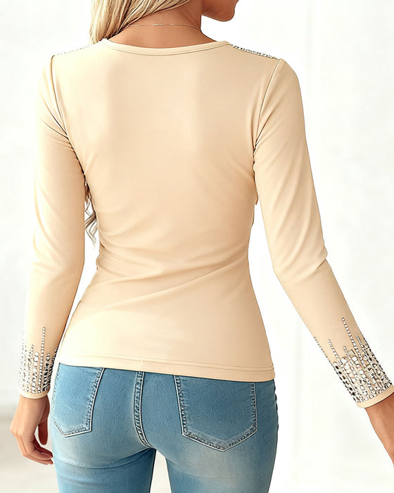 Fashionable V-Neck Diamond Long Sleeve Top