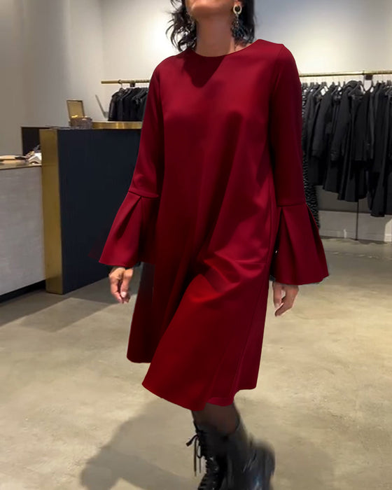 Solid Flare Sleeve Shirred Dress