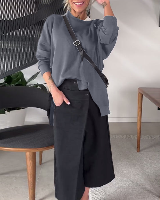 Solid color casual round neck slit sweatshirt