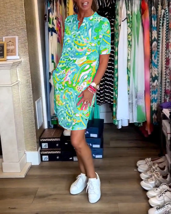 Pocket printed short sleeve dress