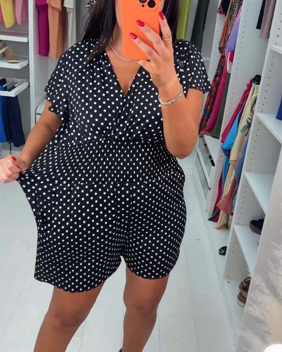 Casual polka dot printed V-neck short-sleeve jumpsuit