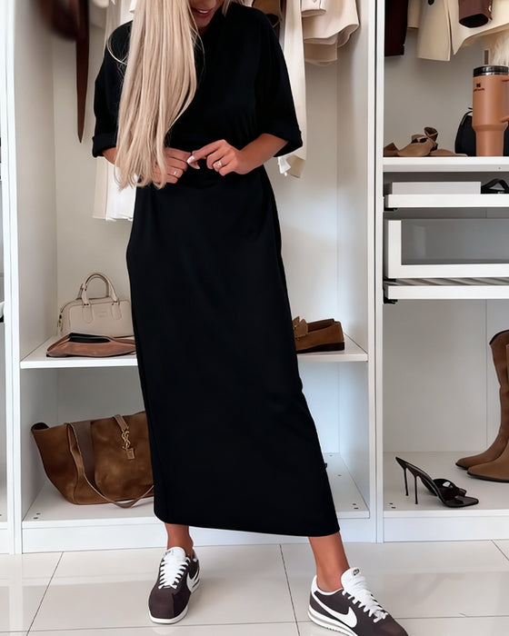 Solid Round Neck Slit Tunic Dress