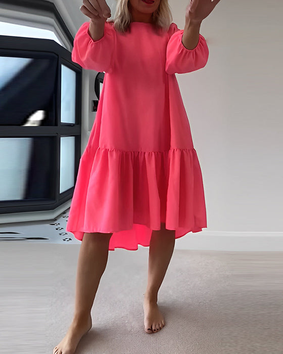 Solid color round neck long sleeve dress