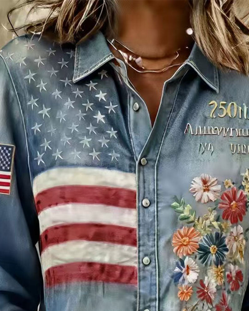 Turn-down Collar Print Embroidery Shirt