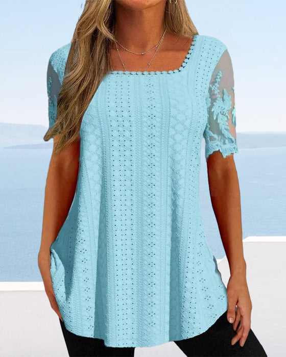 Hollow embroidery short-sleeved blouse
