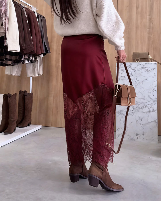 Elegant Satin Lace Patchwork Skirt