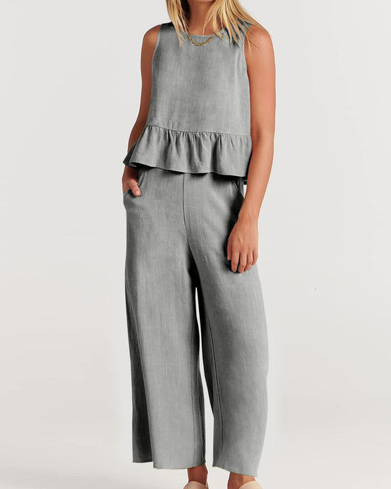 Ruffled sleeveless solid color two-piece suit