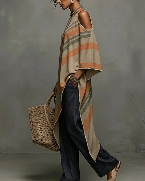 Striped Halter Off-Shoulder Asymmetrical Blouse
