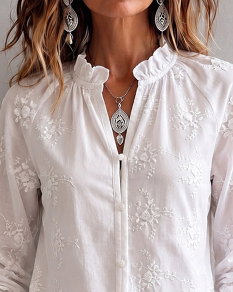Ruffle Edge Mandarin Collar Blouse