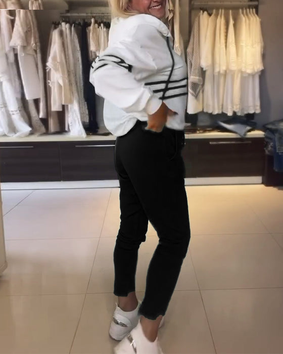 Casual striped print hooded sweatshirt set