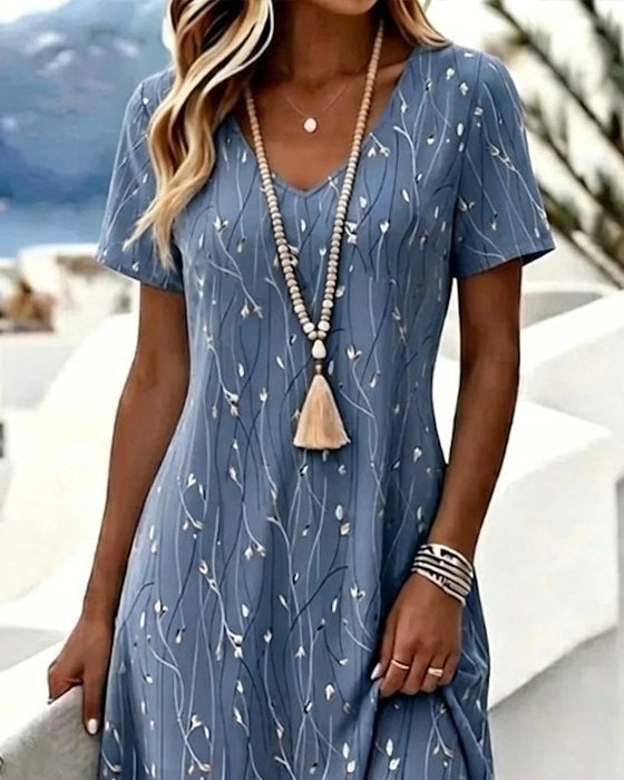 Short-Sleeved V-Neck A-Line Dress