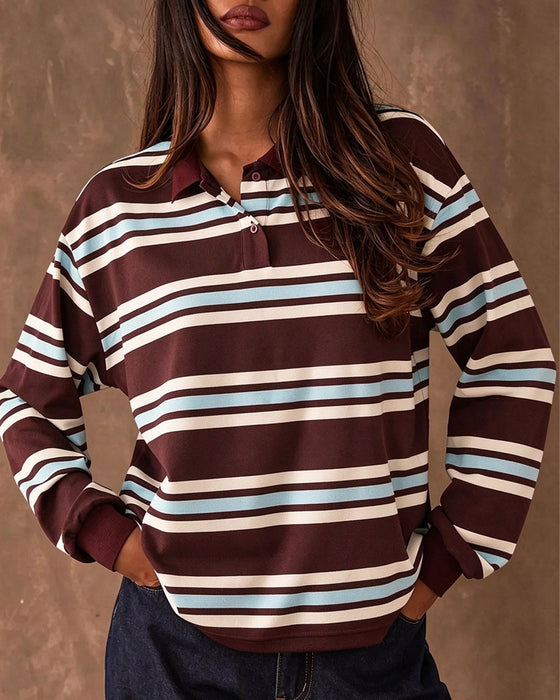 Lapel Color Block Striped Long Sleeve Top