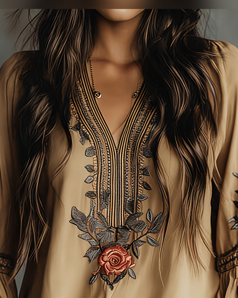 Rose Print V-Neck Bohemian Blouse