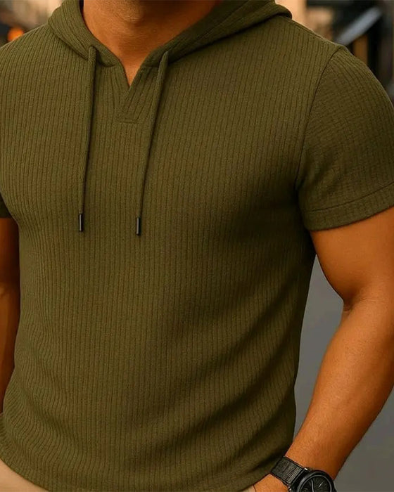 V-Neck Slit Vertical Stripe Short Sleeve Hoodie T-Shirt