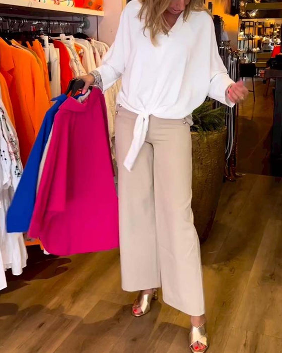 Tie Solid Color V-Neck Blouse