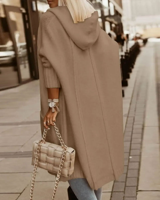Hooded Pocket Open Front Knit Cardigan