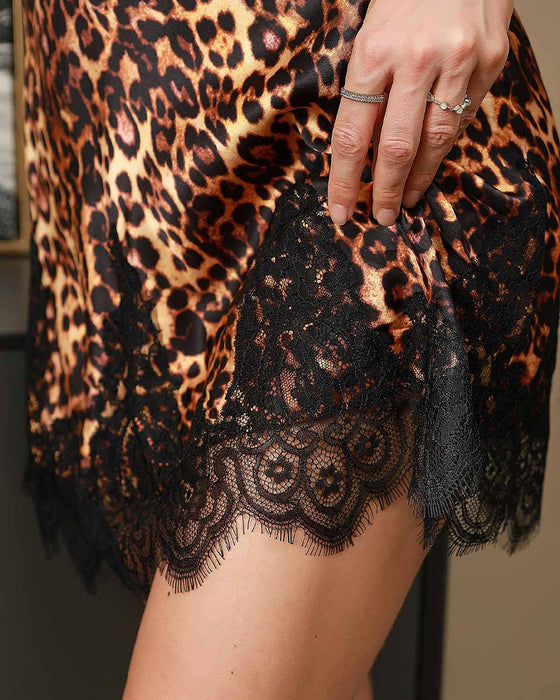 Lace-Trimmed Leopard Print Spaghetti Strap Dress