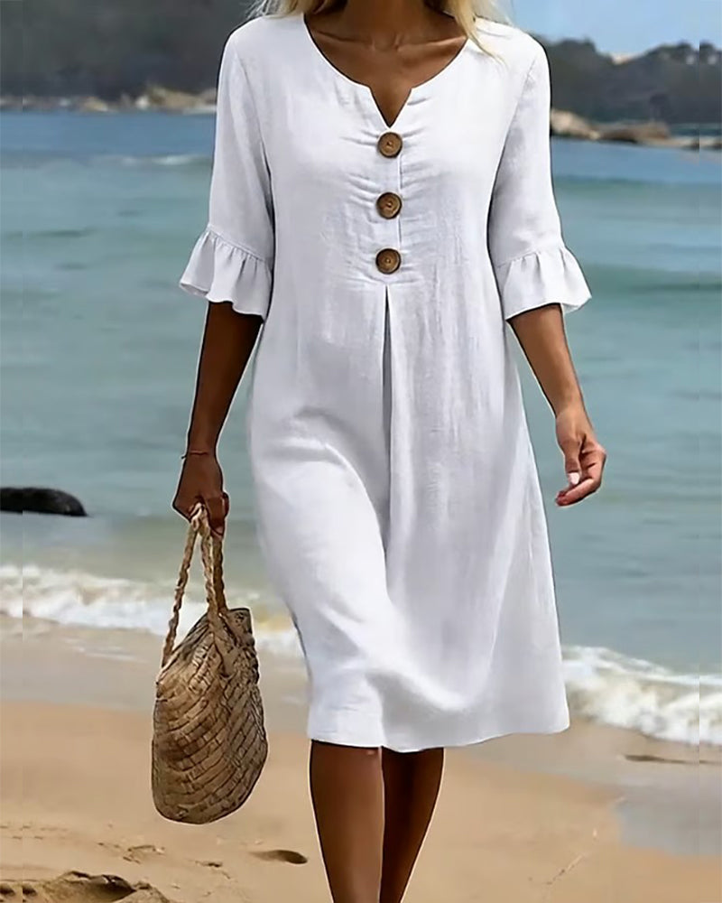 Button Ruffle Sleeve Cotton-Linen Dress