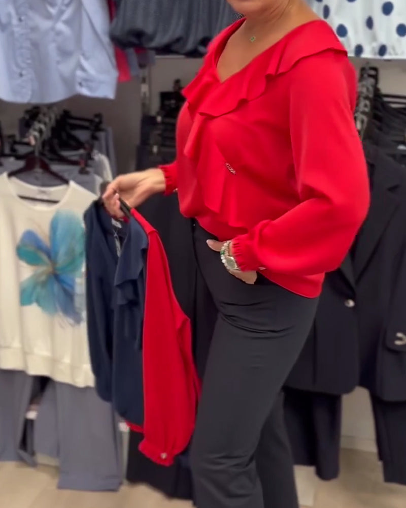 Fashion Red Ruffle Blouse
