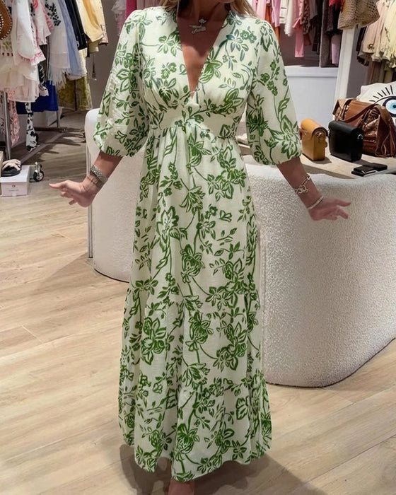 Deep V-Neck Elegant Floral Long Dress