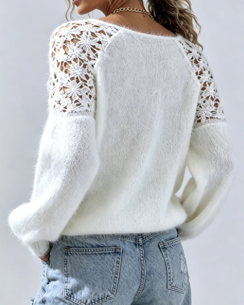 Cutout Lace Detail Patchwork Pullover
