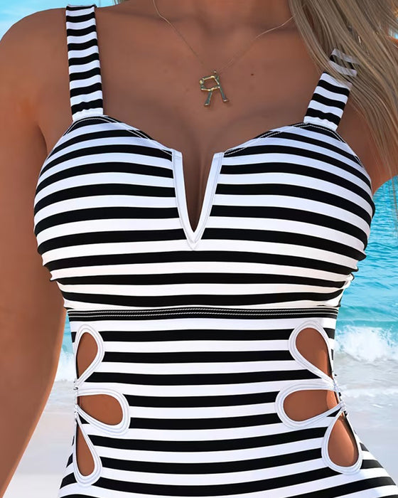 Strappy Striped Hollow Out One Piece