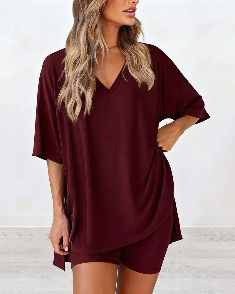 Relaxed Solid V-Neck Two-Piece Set