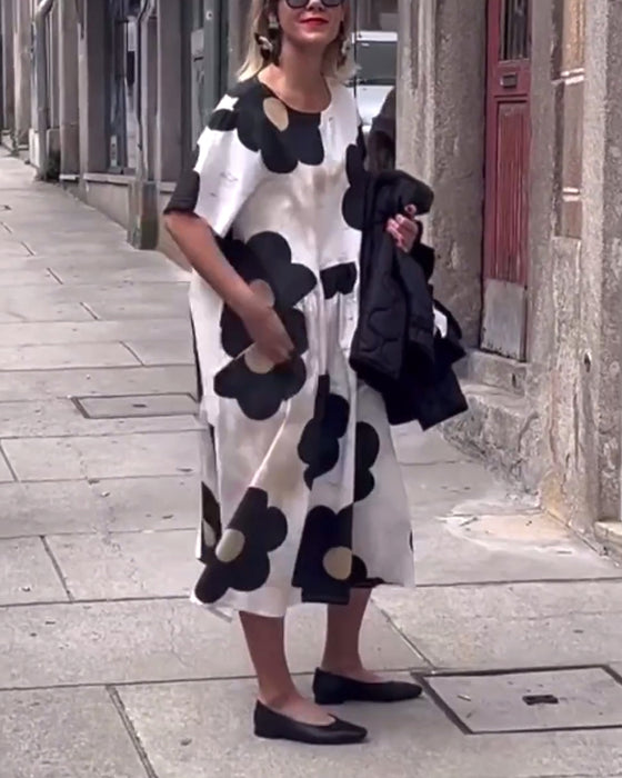 Floral print crew neck pocket loose dress