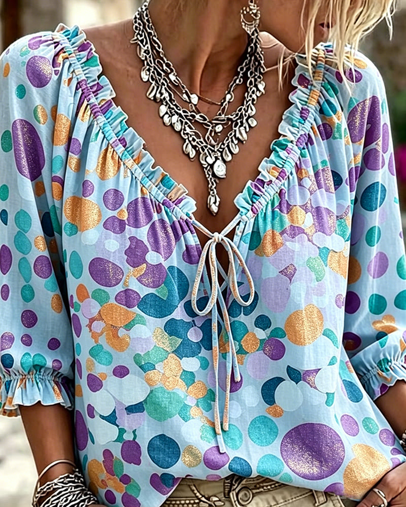 V-Neck Polka Dot Lace Up Blouse