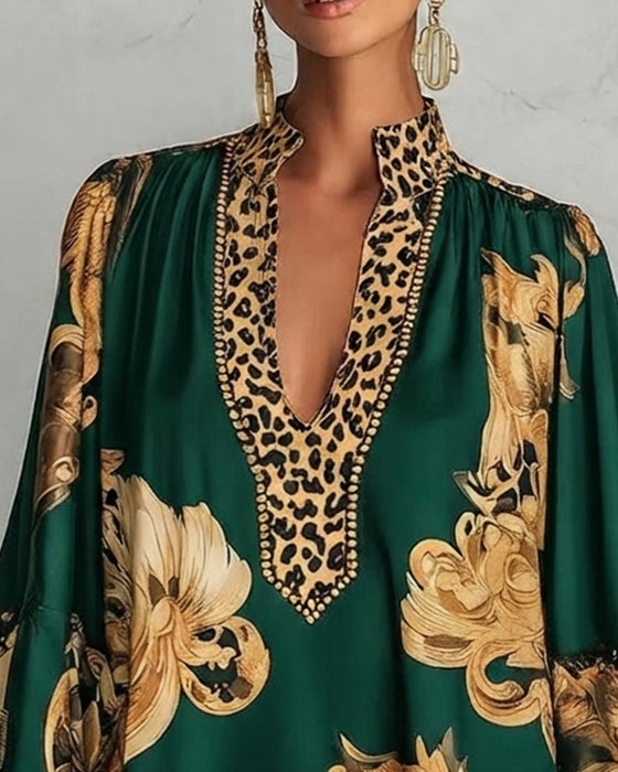 Leopard Lantern Sleeve Stand Collar Print Dress