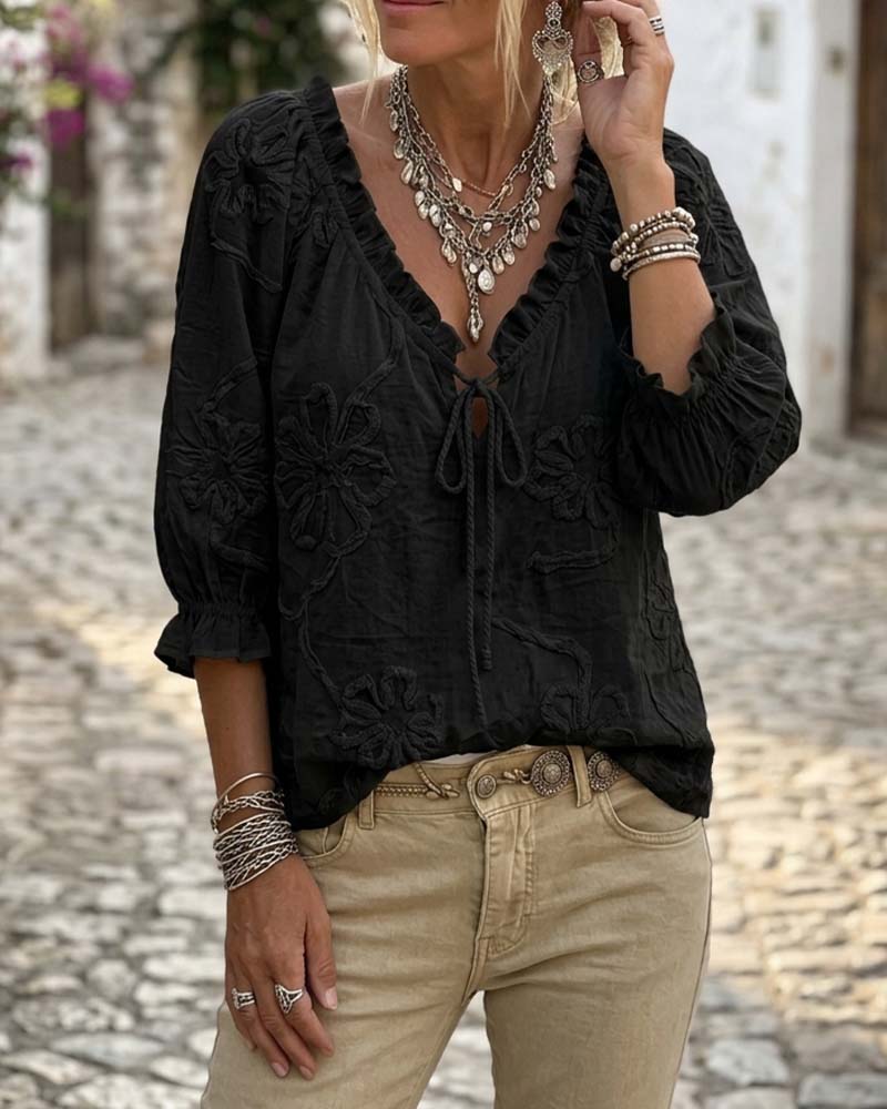 100% Cotton V-Neck Wrap Tie Ruffled Blouse