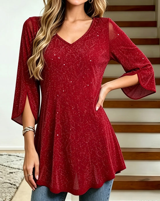 V-Neck Flare Sleeve A-Line Top