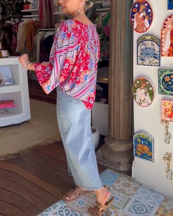 V-Neck Printed Long Sleeve Blouse