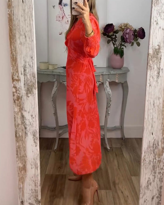 V-neck waist-cinching printed dress