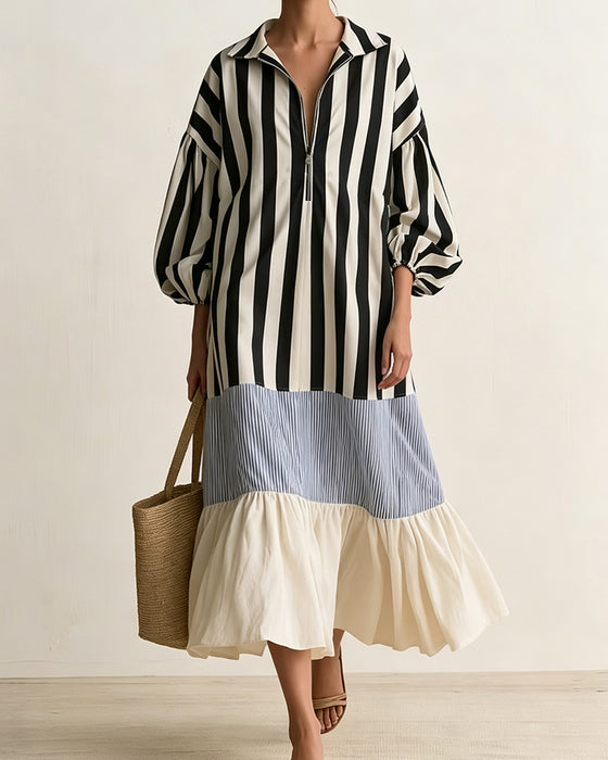 Lapel Zipper Striped Color-Block Tiered Dress